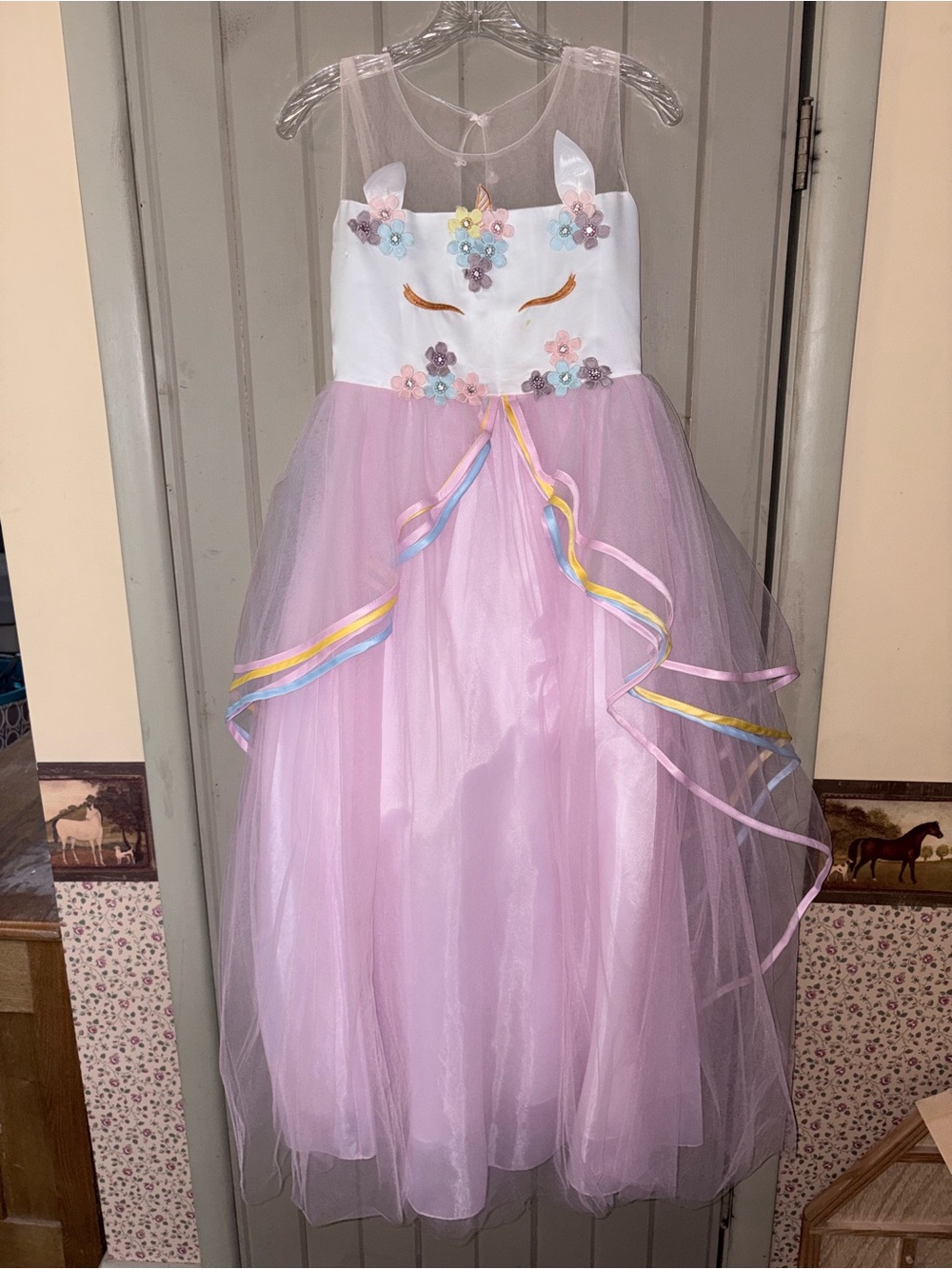 Pink Unicorn Tulle Kids Costume Dress with Floral Appliqué